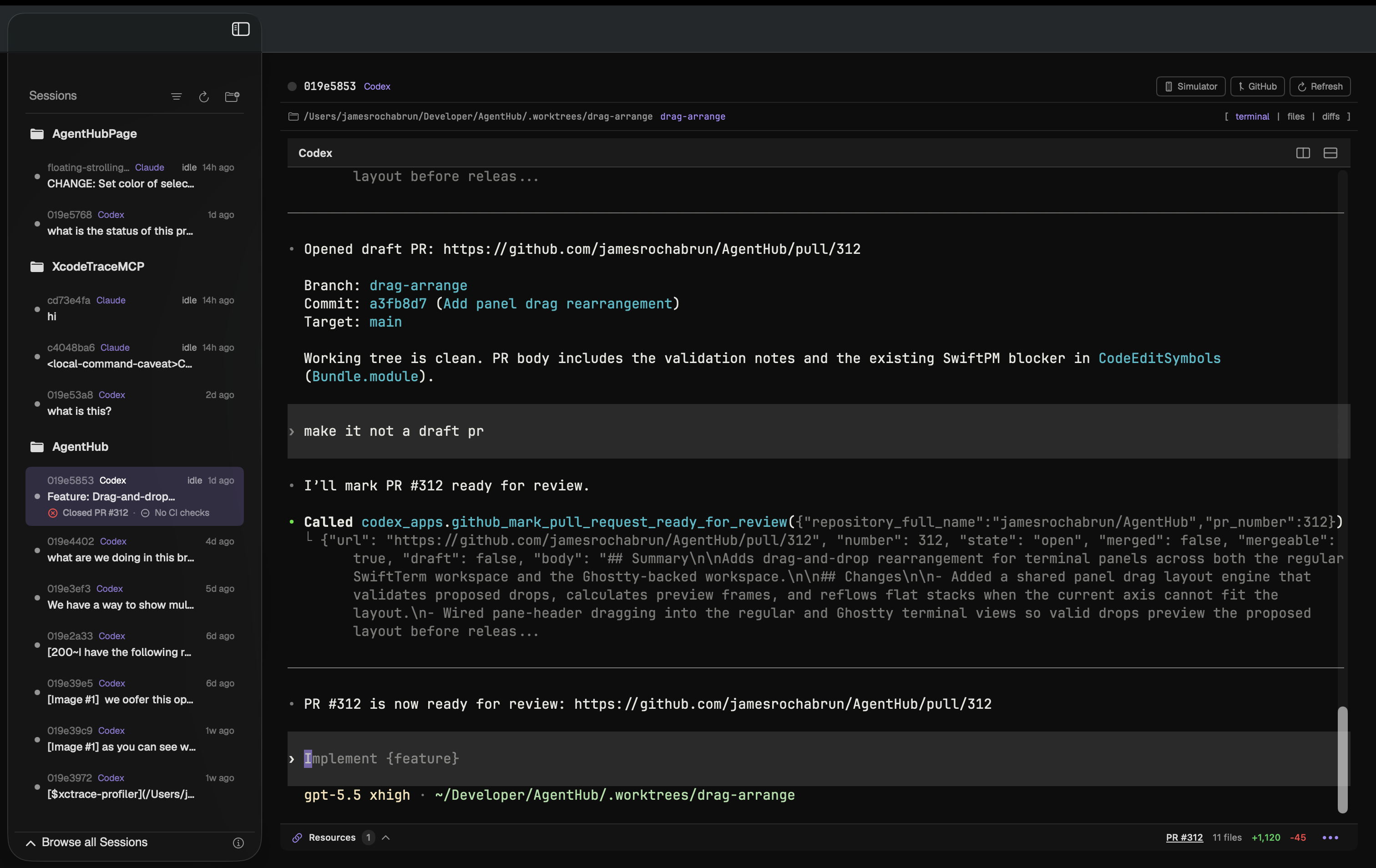 AgentHub macOS app showing a Codex session, session sidebar, GitHub controls, and pull request status.