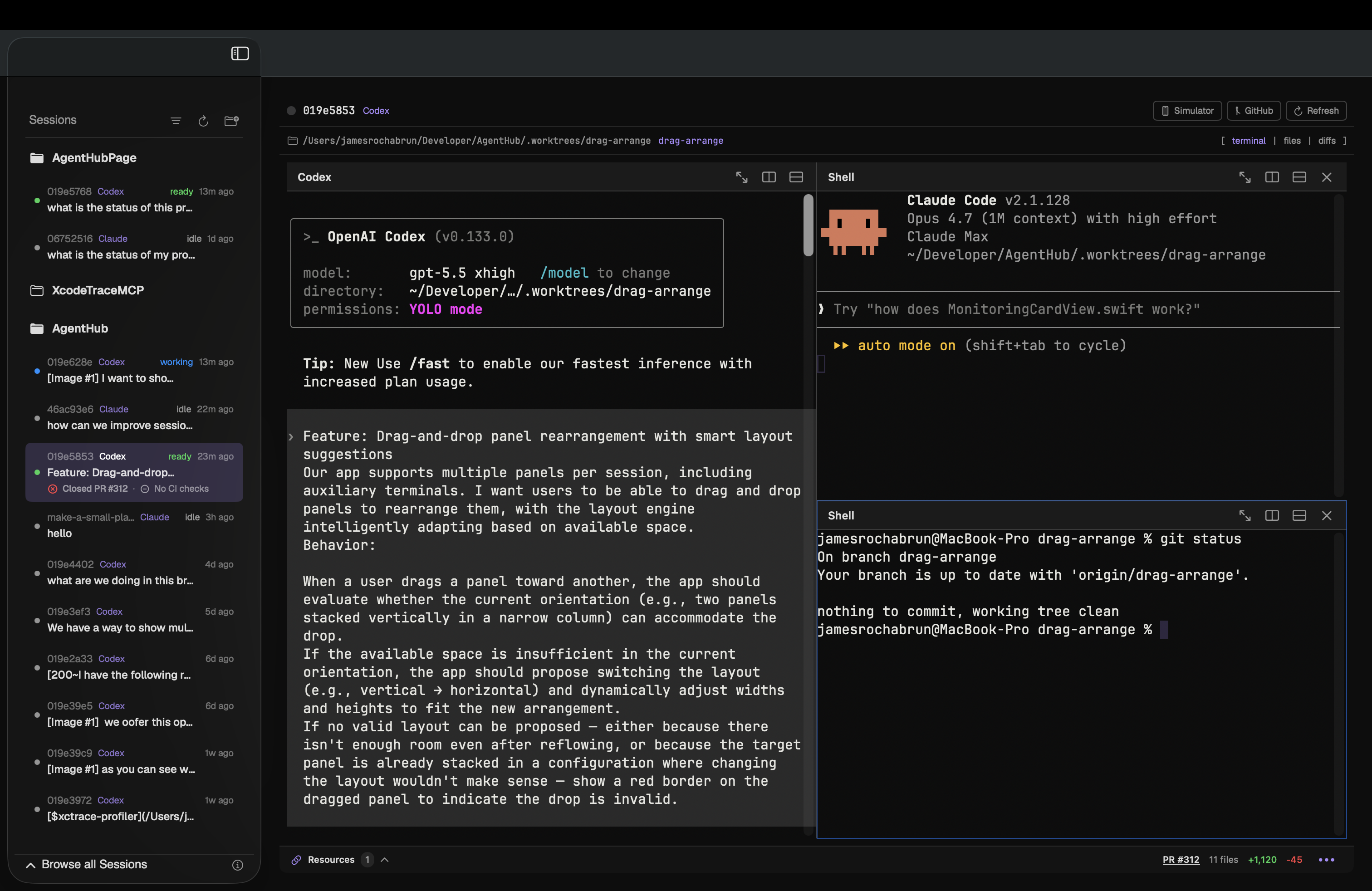 AgentHub showing Codex and Claude sessions running side by side with horizontal and vertical split panes.