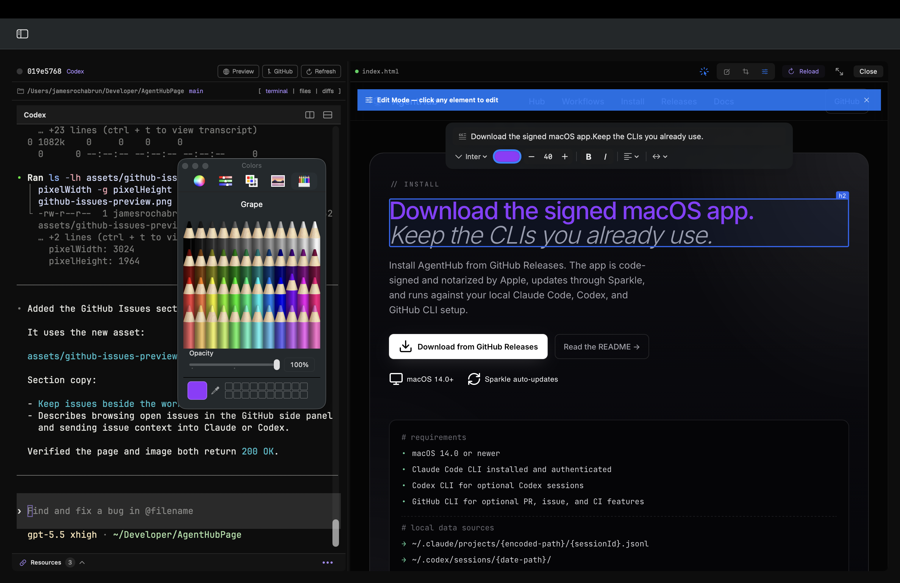 AgentHub showing Design Mode controls editing text directly in the live web preview.