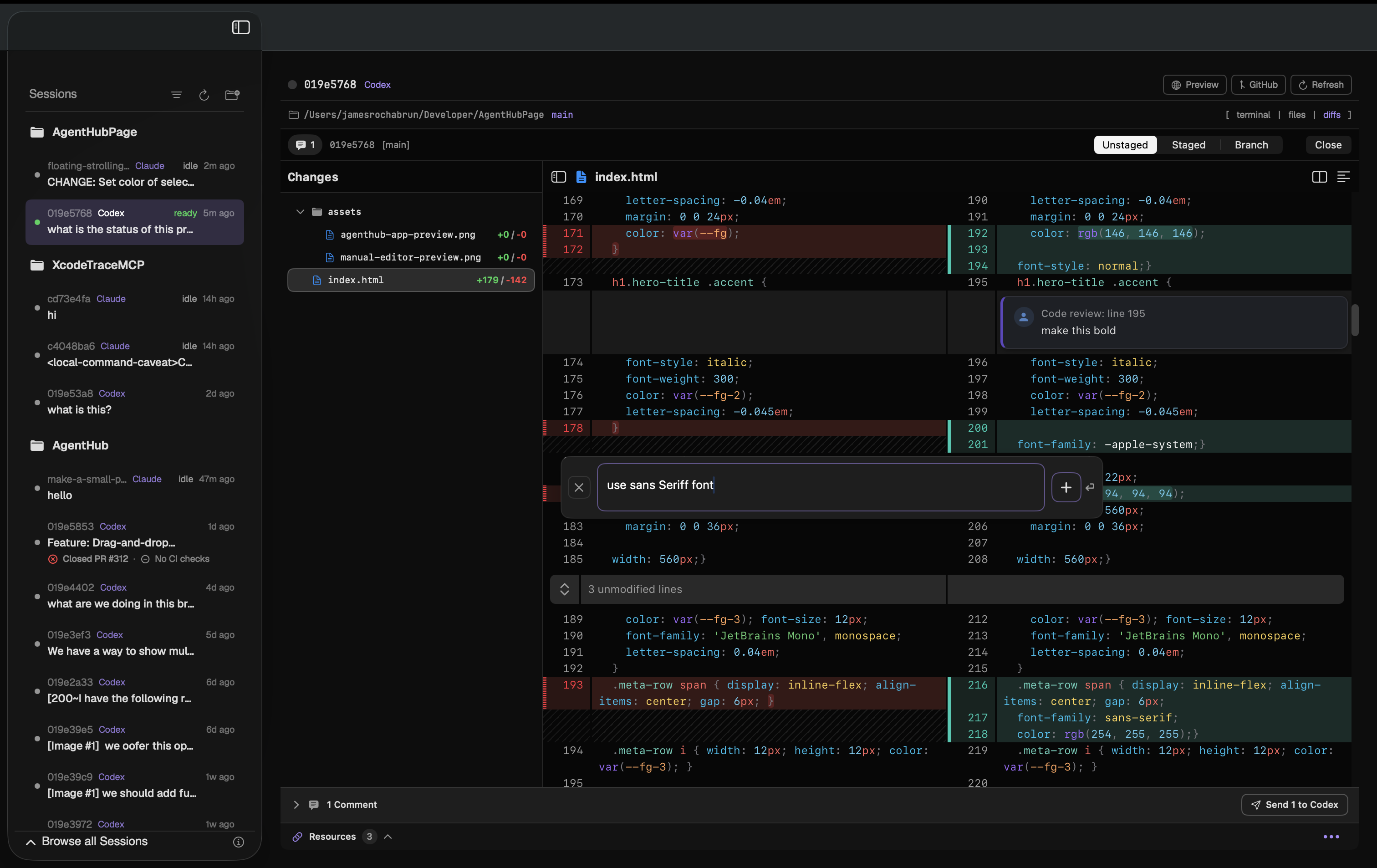 AgentHub showing local file diffs with inline review comments ready to send to Codex.