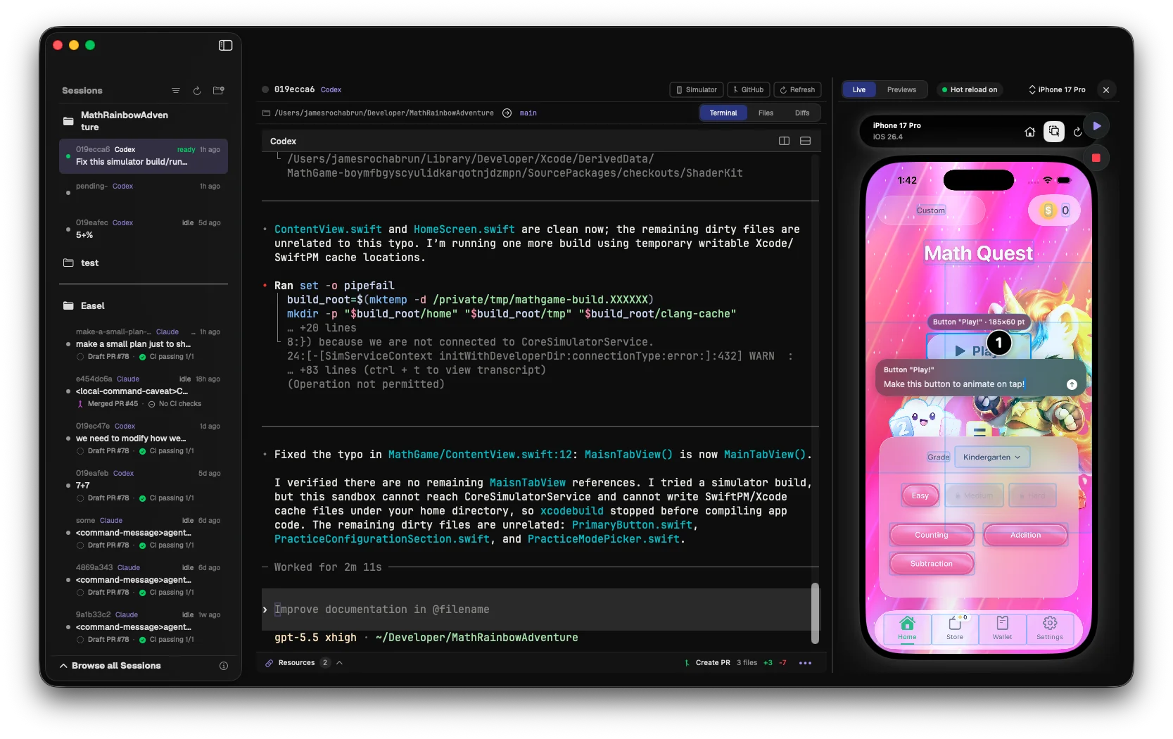 AgentHub showing an embedded iPhone simulator with point-to-edit feedback on a live app button.