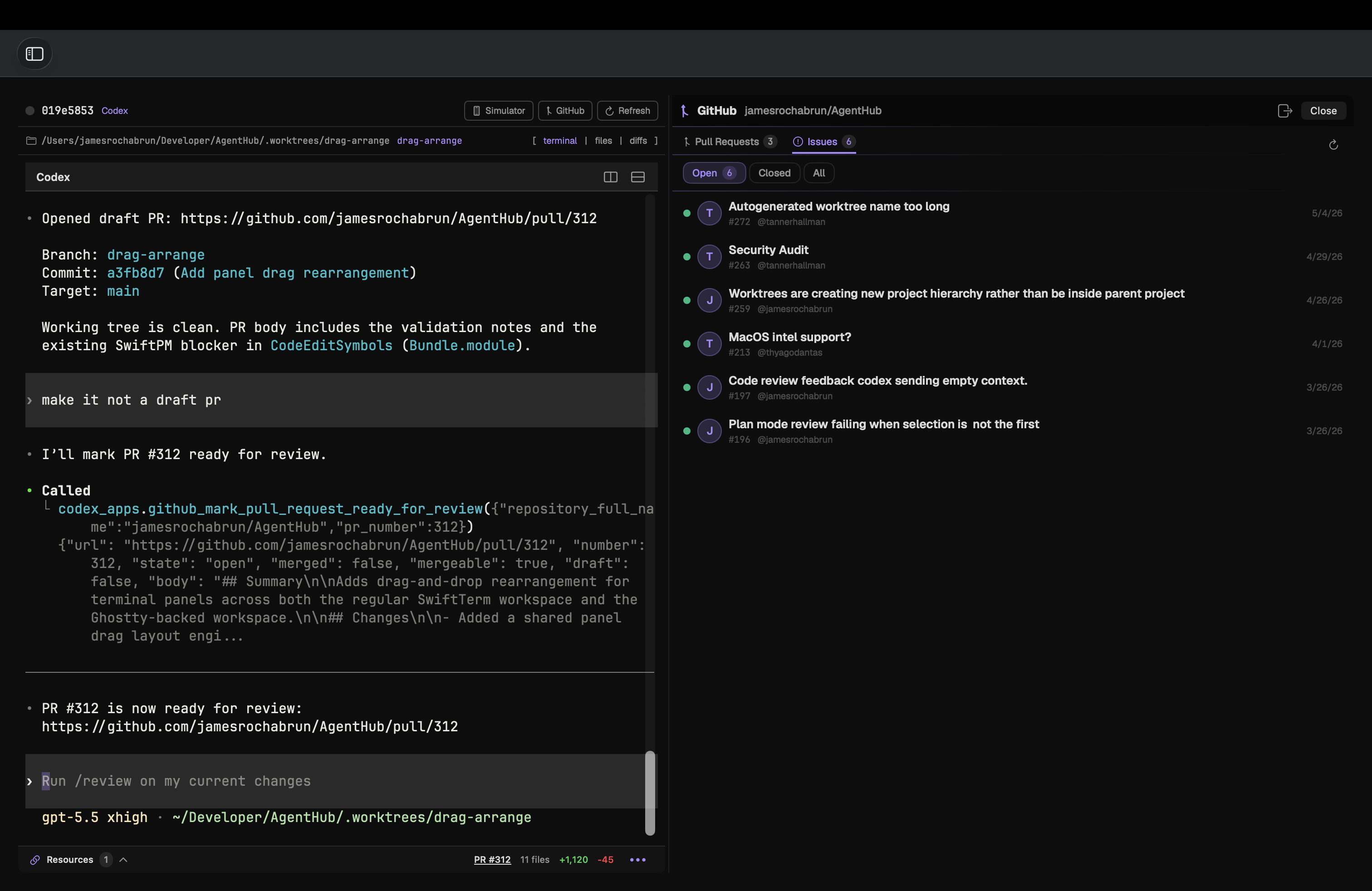 AgentHub showing GitHub issues in the side panel beside an active Codex session.