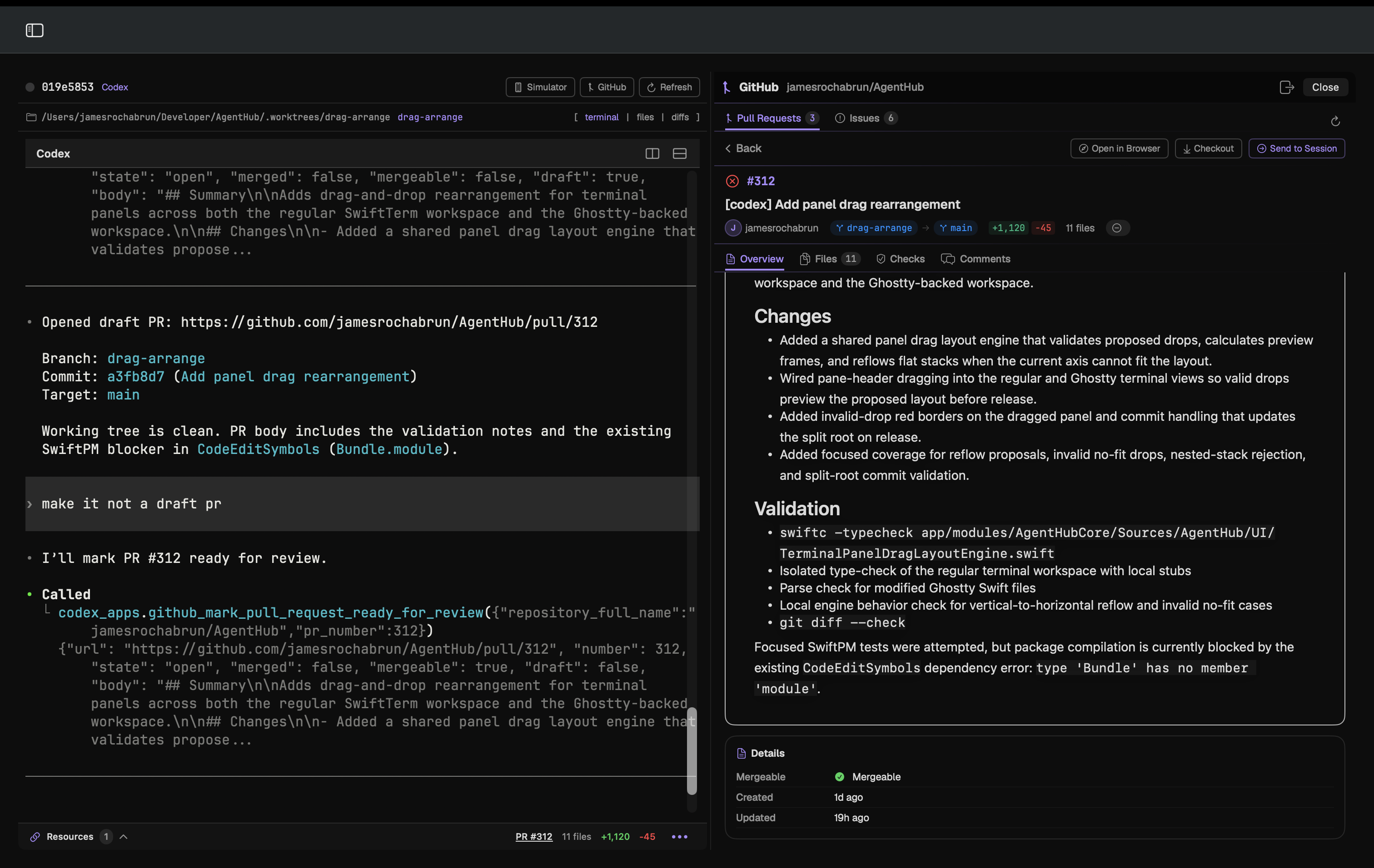 AgentHub showing a GitHub pull request side panel beside an active Codex session.