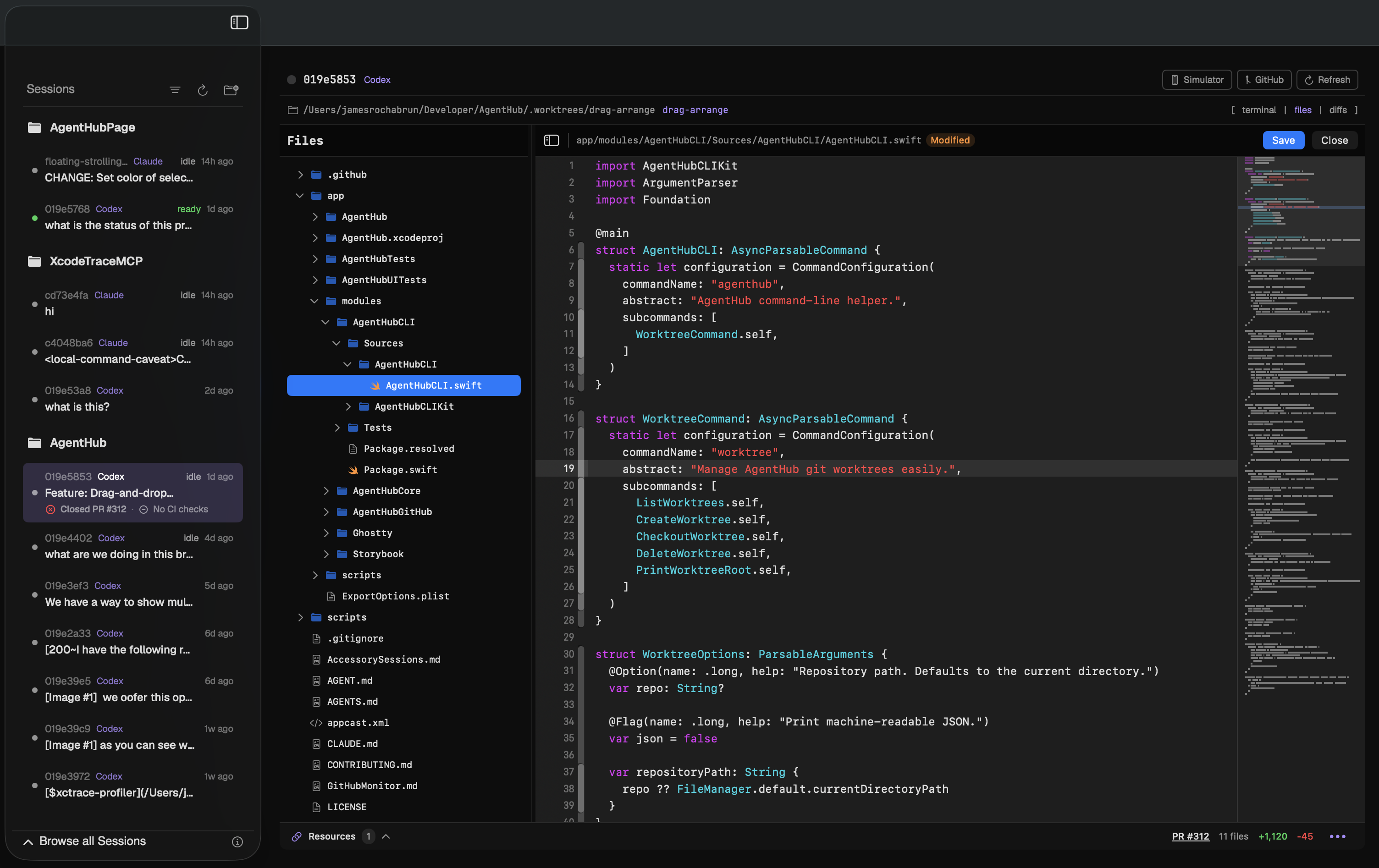 AgentHub showing the Files pane and built-in code editor with a Swift file open.