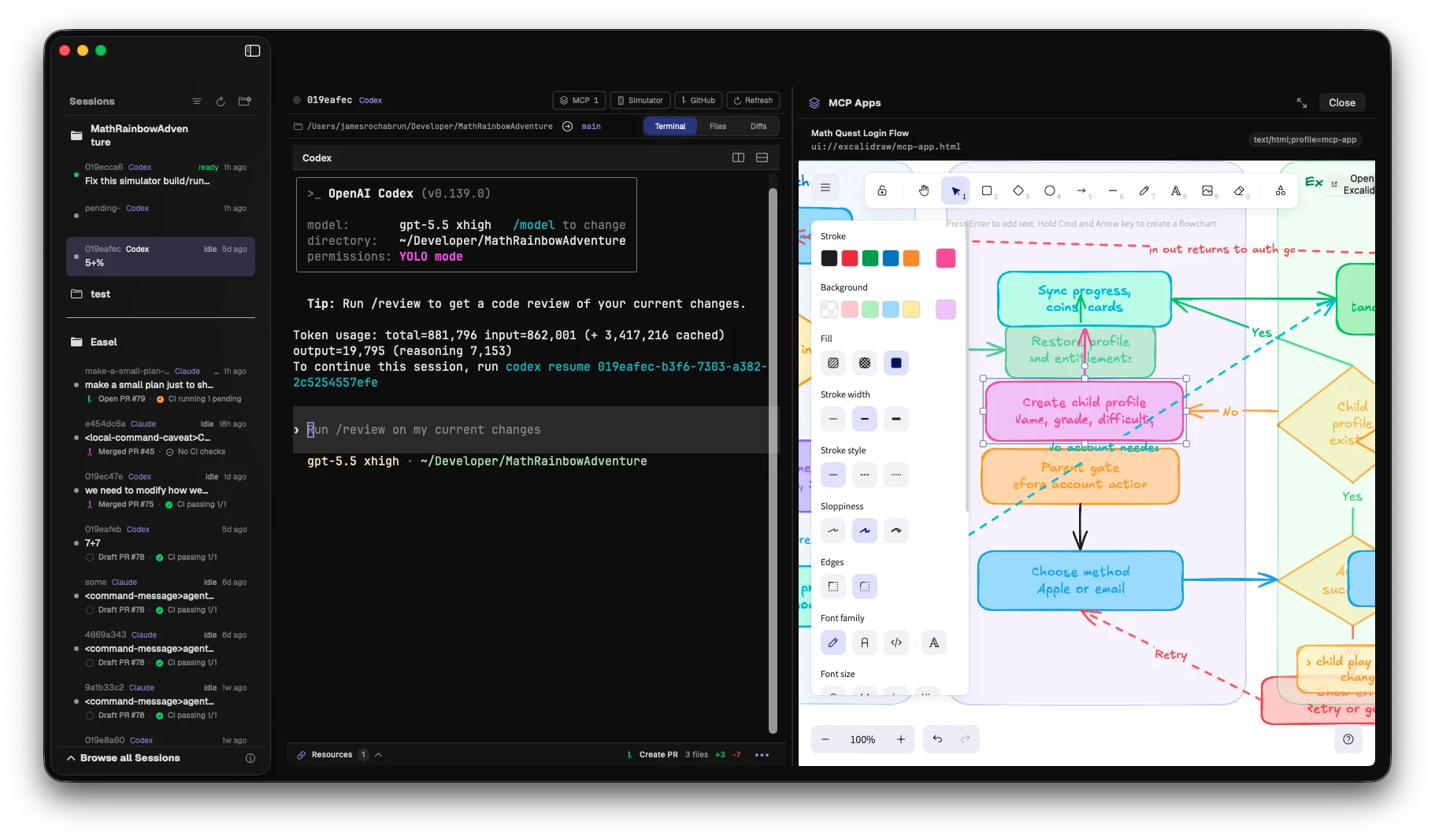 AgentHub showing the MCP Apps panel with Excalidraw open beside an active Codex session.