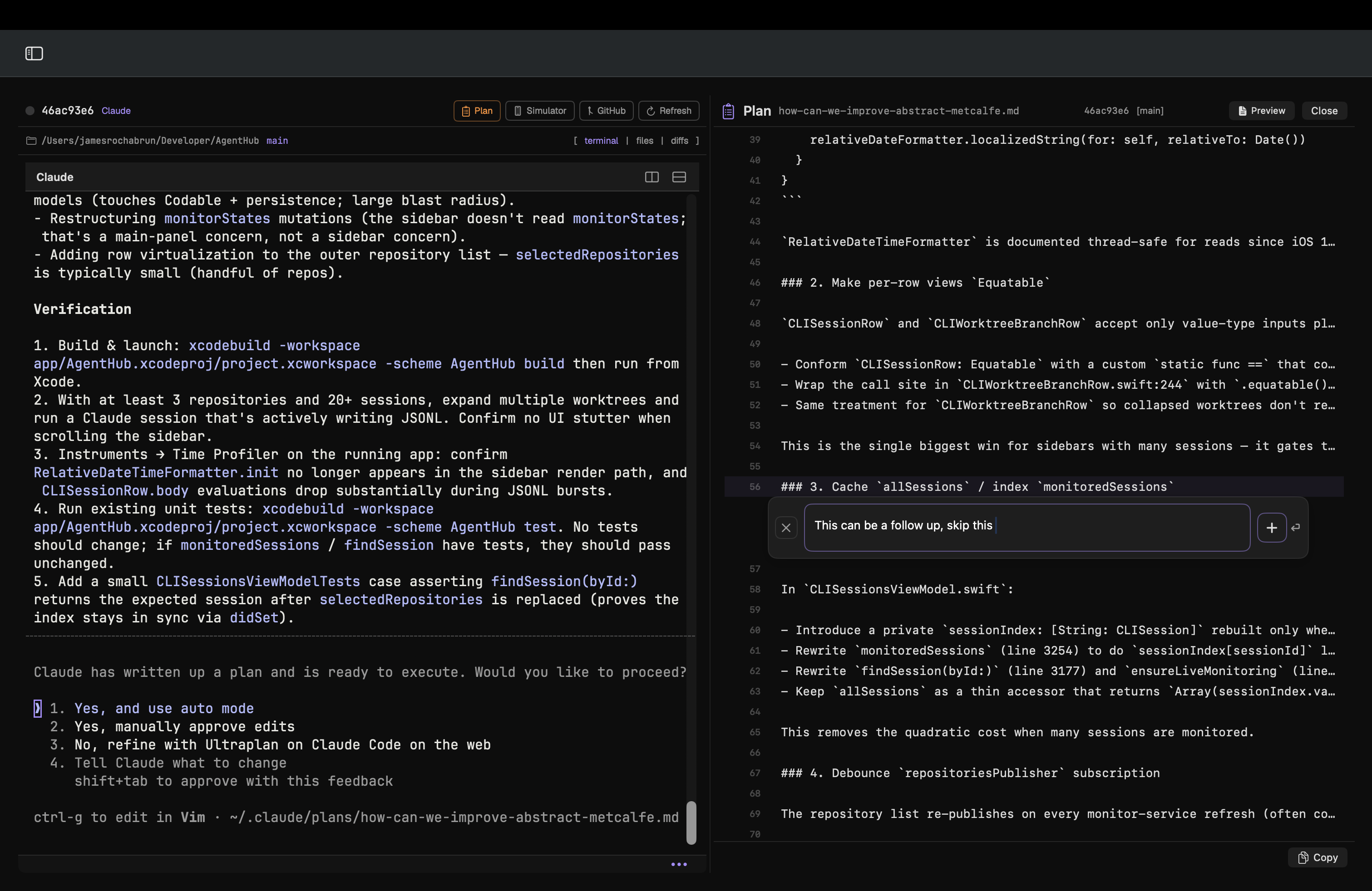 AgentHub Plan Mode showing a plan document with inline feedback ready to send to Claude or Codex.